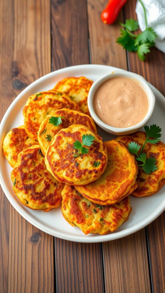 Crispy vegetable fritters on a plate with dipping sauce, garnished with parsley.